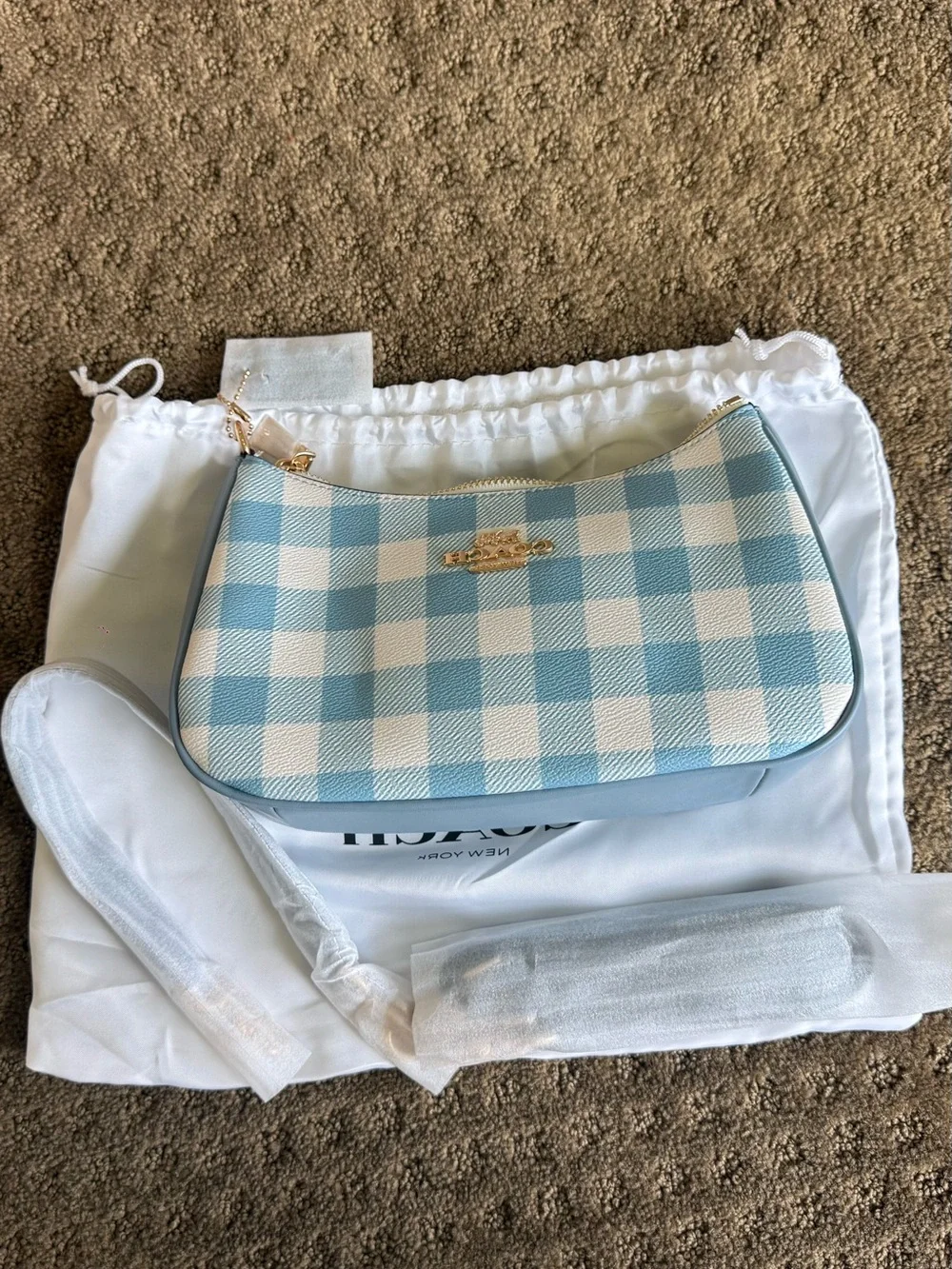NWOT Coach Teri Shoulder Bag Gingham Print Jacquard Blue CES65 Crossbody